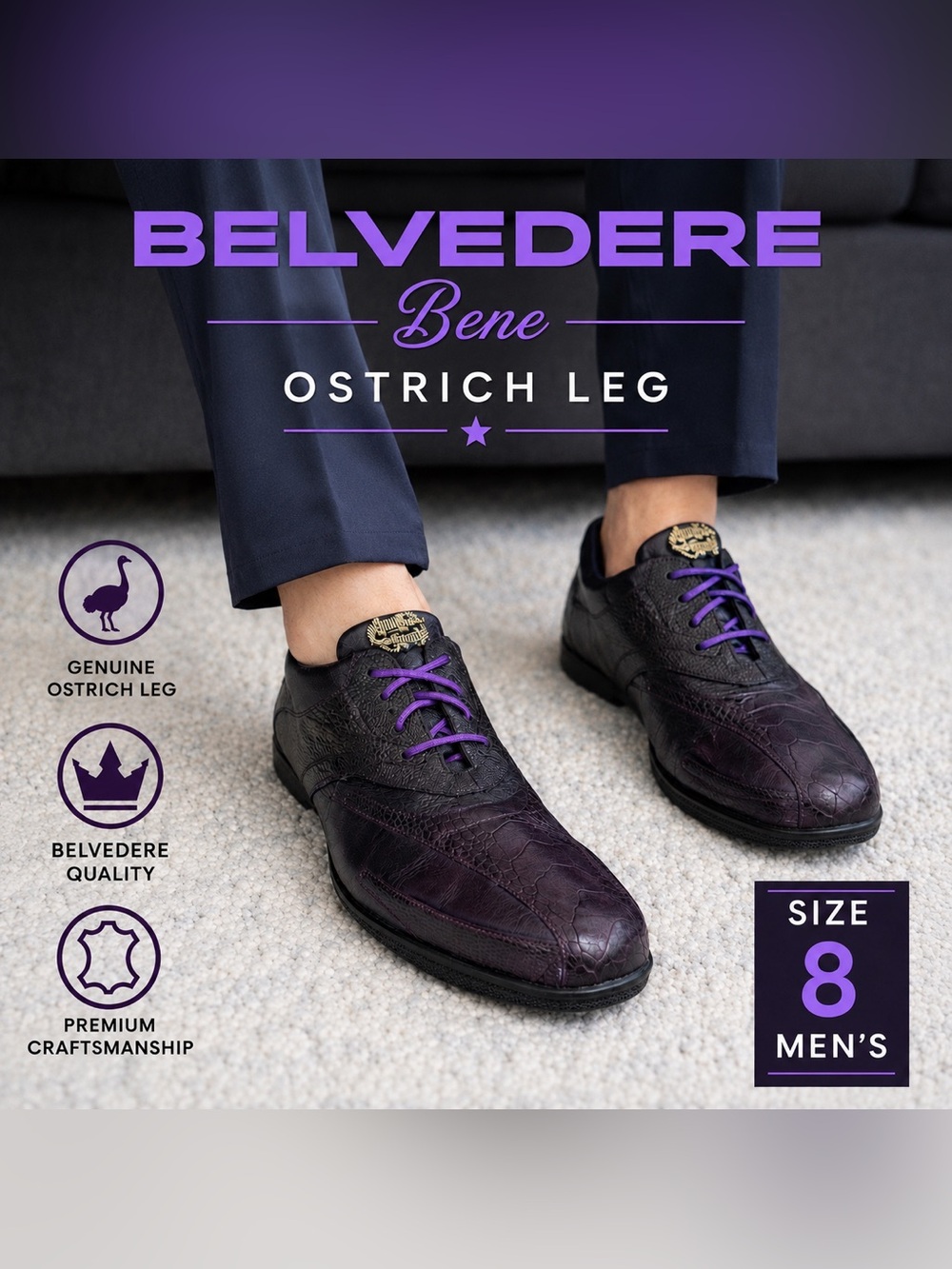Belvedere Bene Ostrich Leg Leather Sneakers Eggplant Purple Men’s 8